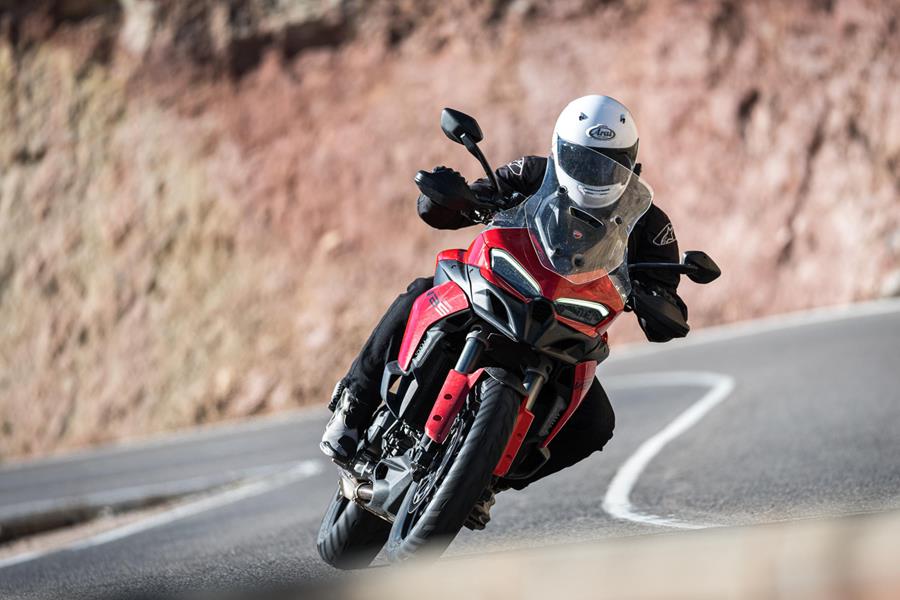 2025-on Ducati Multistrada V2 S leaning into a corner