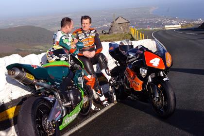 McGuinness with Ian Lougher at the TT press launch in February