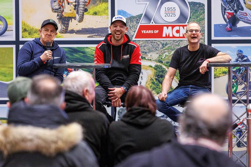 John McGuinness, Peter Hickman and James Whitham on stage at the Devitt Insurance MCN London Motorcycle Show