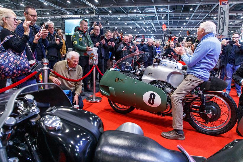 Sammy Miller and his Moto Guzzi V8 at the Devitt Insurance MCN London Motorcycle Show