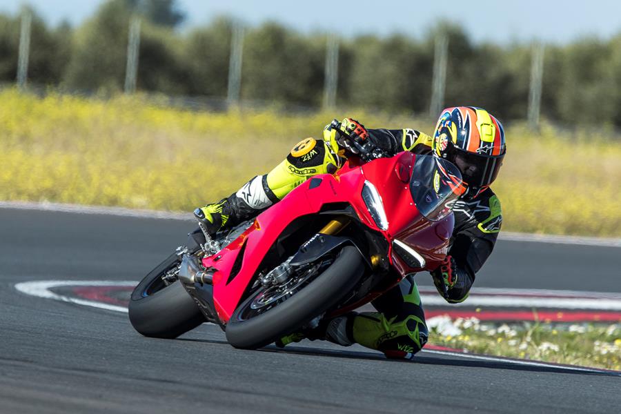 2025-on Ducati Panigale V2 S knee down on a corner