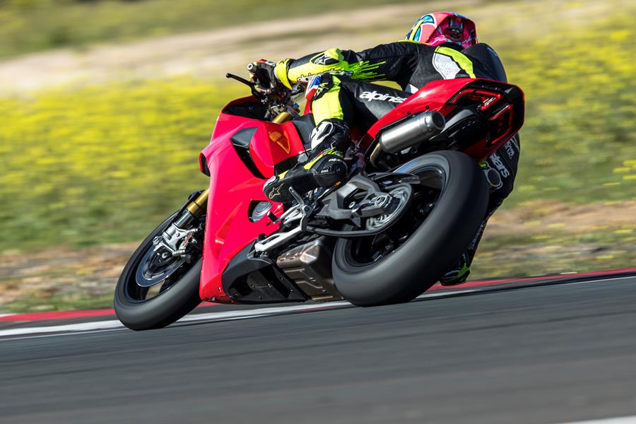 2025-on Ducati Panigale V2 S leaning into a corner