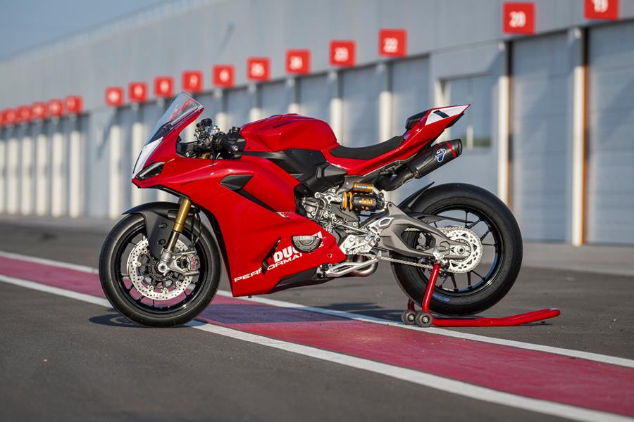 2025-on Ducati Panigale V2 S left hand shot of the bike on a paddock stand