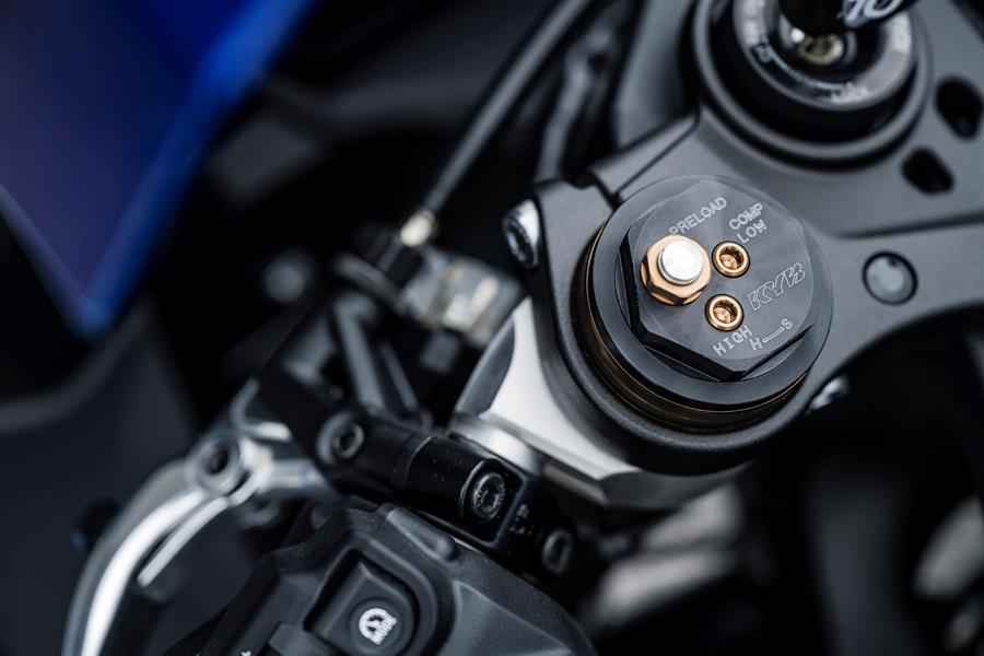 2025-on Yamaha R9 detailed shot of front suspension adjustment
