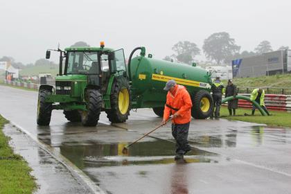 Pumping the water away has helped clear the Mallory Park circuit but there is still too much standing water for BSB to practice