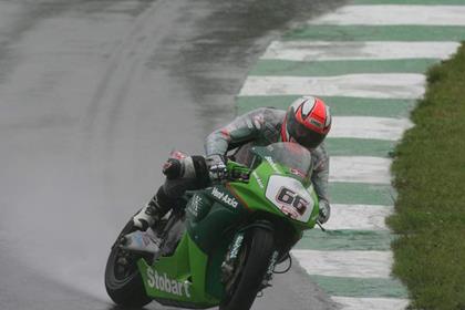 Tom Sykes shows just how treacherous the conditions are at Mallory