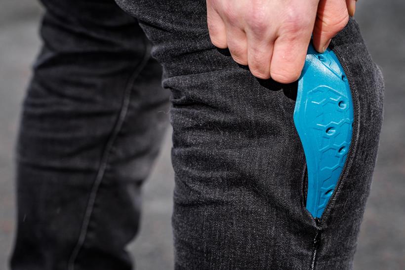 Close up of the side-removable knee armour in the Spada Drifter jeans