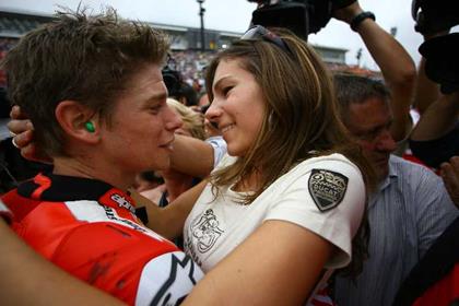 Casey Stoner celebrates his MotoGP title with wife Adriana