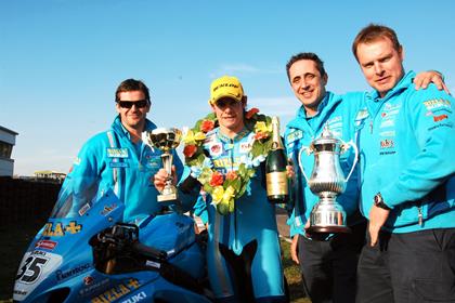 Rizla Suzuki's Cal Crutchlow celebrates his first superbike win at the Race of the Year at Mallory Park