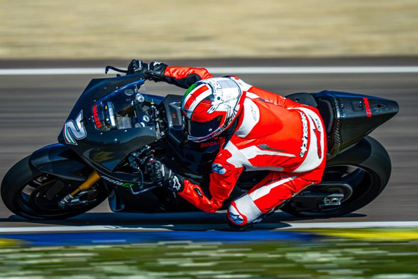 Taking a left turn on the Ducati V21L MotoE racer