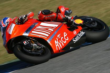 Ducati's Casey Stoner recorded his best lap on the new GP8 before crashing