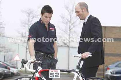 James Toseland is presented with his new Pinarello Prince by Bennetts Marketing Director Mark Fells