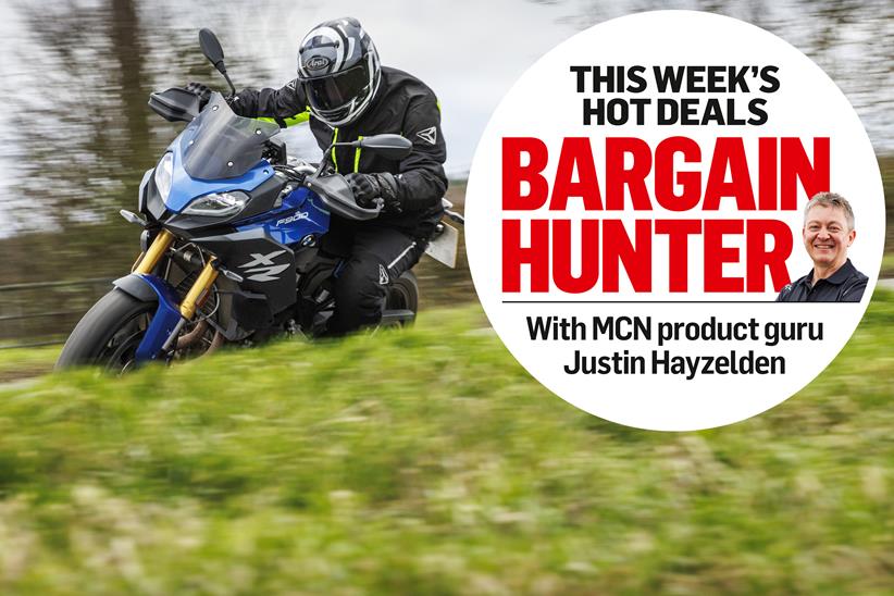 Riding a motorcycle in budget kit, with MCN's Bargain Hunter logo