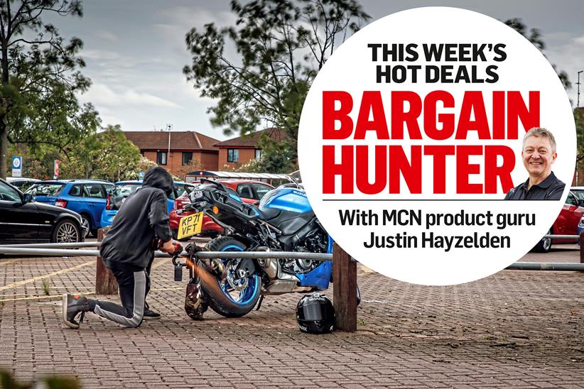 An attacker using an angle grinder attack on a parked motorcycle with a chain lock, plus MCN's Bargain Hunter logo
