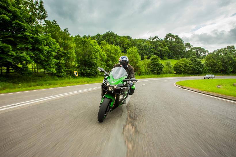 A Kawasaki Ninja H2 SX rides up Fish Hill