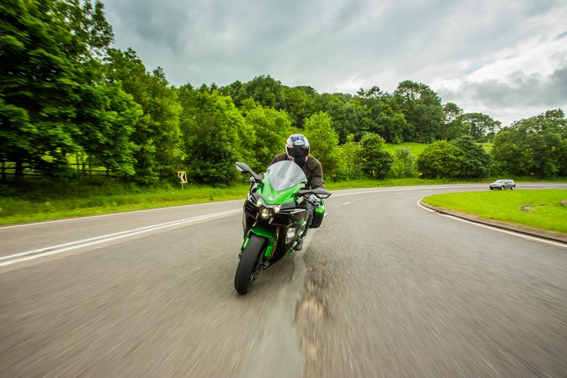 A Kawasaki Ninja H2 SX rides up Fish Hill