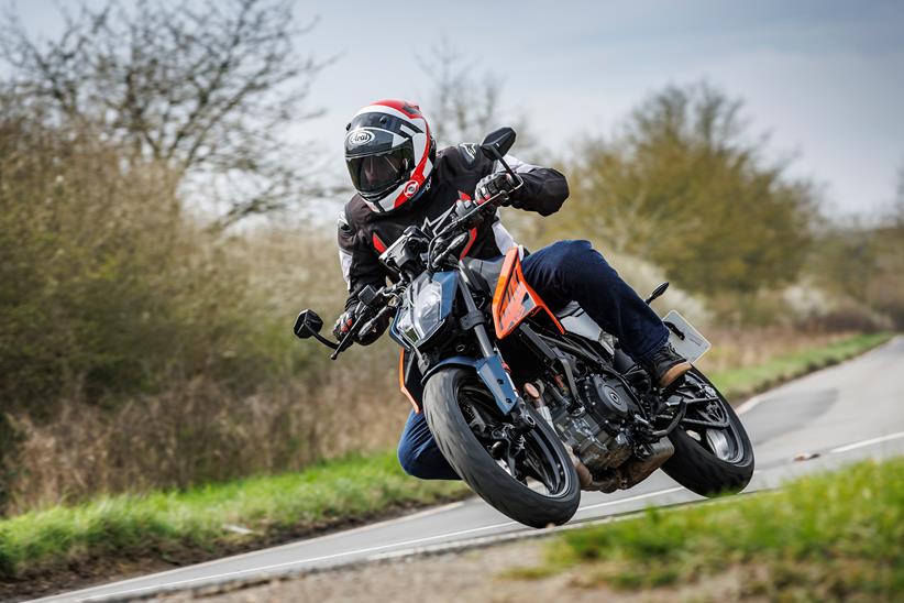 KTM Duke cornering on road