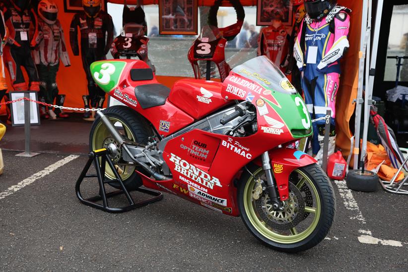 A Joey Dunlop Honda Britain bike on a paddock stand