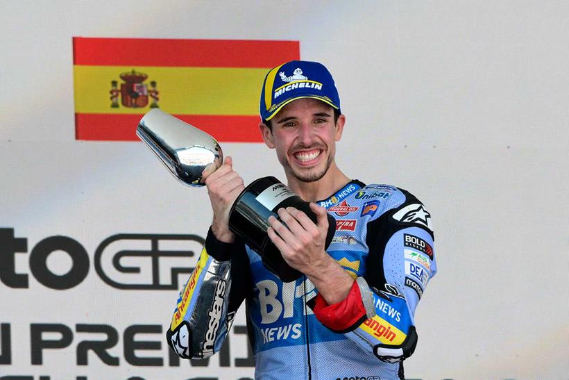 Alex Marquez celebrates his victory at the Spanish Grand Prix.