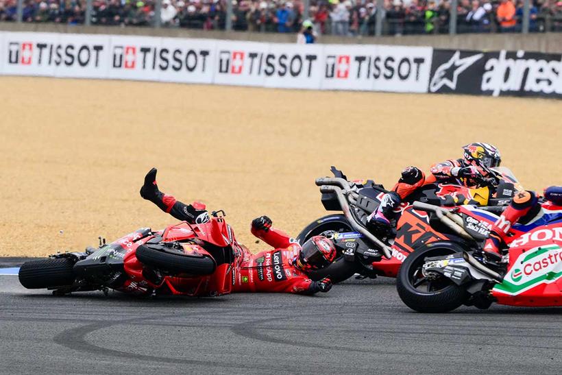 Pecco Bagnaia crashes out of contention at Le Mans.
