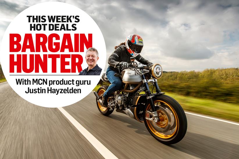 MCN's Emma Franklin test riding the Langen Two Stroke, with MCN's Bargain Hunter logo
