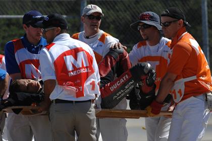 Alex Hofmann had to be stretchered out of the gravel trap at Laguna Seca following his crash