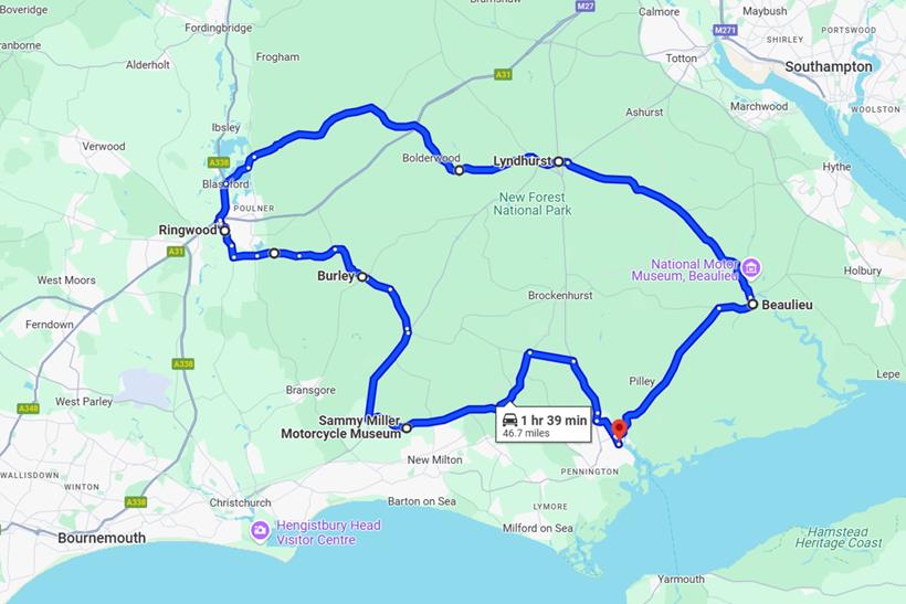 Google maps screenshot of the 777 Motorcycle Café route