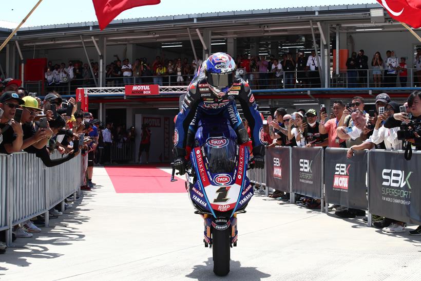 Toprak pulls a stoppie on a Yamaha R1 in World Superbikes