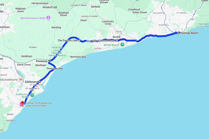 Google maps screenshot of the Custom Cafe route