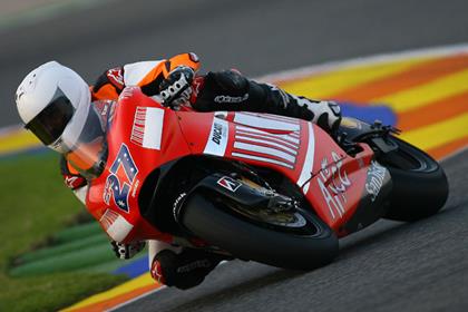 Michael Schumacher riding Casey Stoner's 2007 GP bike