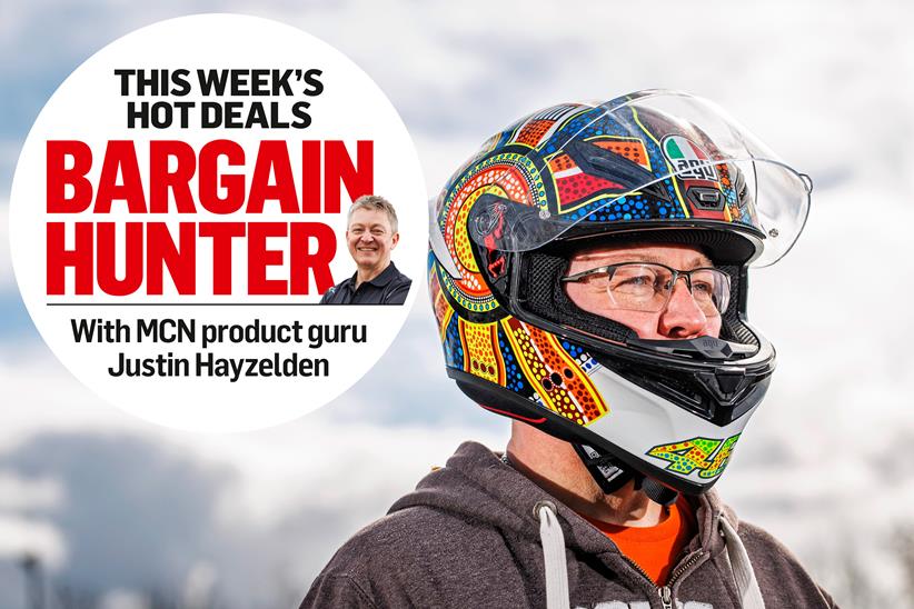 MCN's Justin Hayzelden modelling the AGV K1-S helmet, with MCN's Bargain Hunter logo