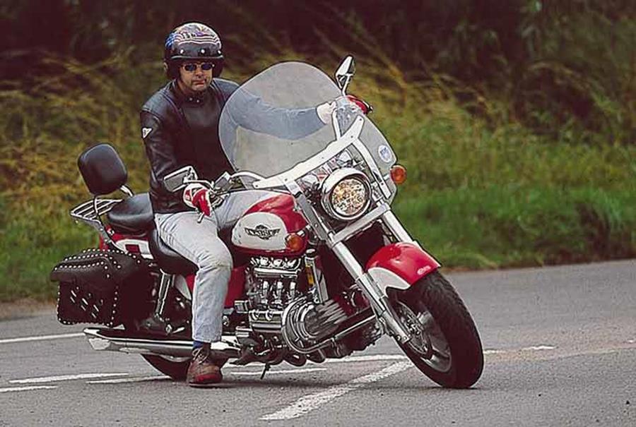 Foot down doesn't seem like a terribly inventive or brave thing to do, but alas, this is what the rider is attempting on his Honda Valkyrie