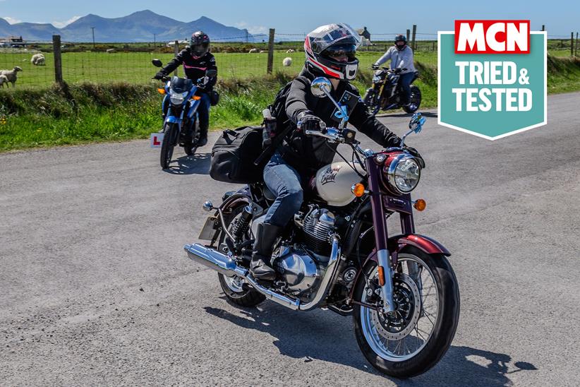 SW-MOTECH bag mounted to a Royal Enfield Classic 650 in Wales