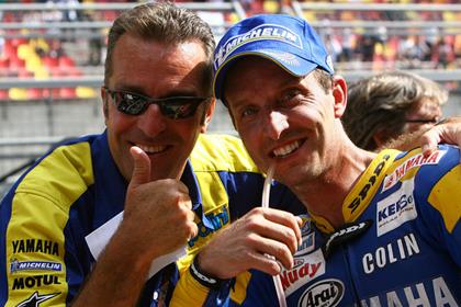 Colin Edwards is enjoying Yamaha's revival and was able to celebrate his pole position with Tech 3 team boss Herve Poncharal