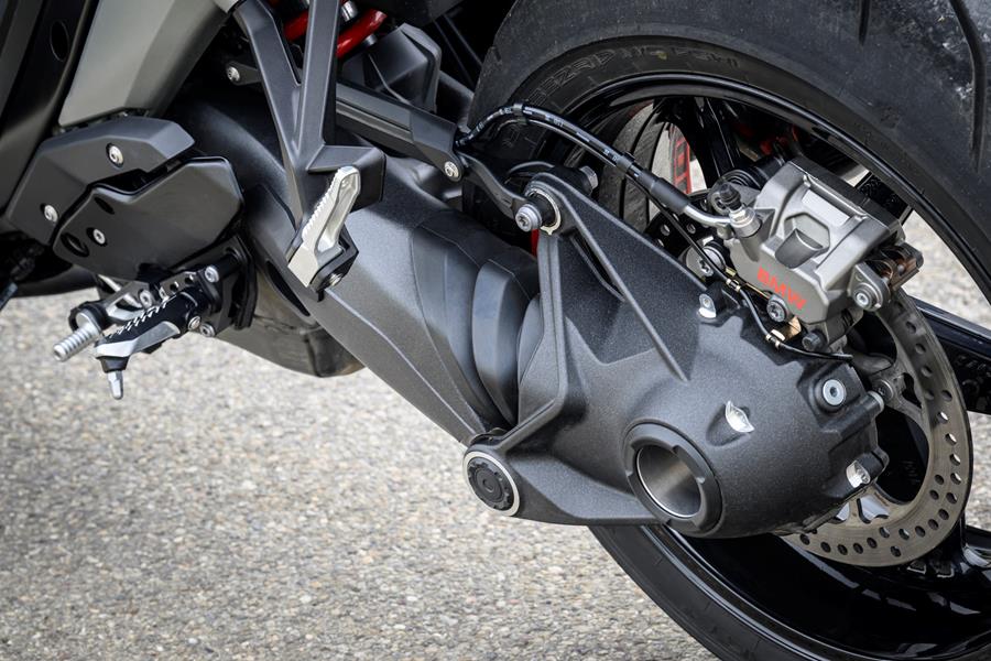 2025-on BMW R1300R detailed shot of rear shaft drive and shock