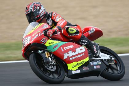 Derbi's Mike di Meglio was the man to beat at the end of the 125 practice session in Le Mans this morning