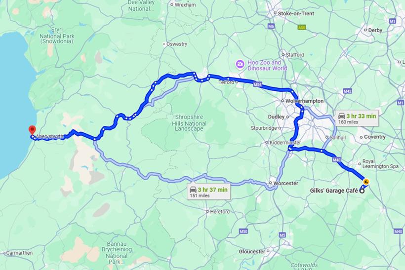 Google maps route for Gilks Garage Café
