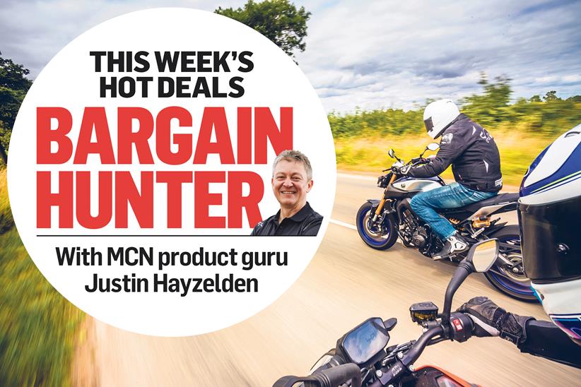 Two riders on a country road in summer, with MCN's Bargain Hunter logo