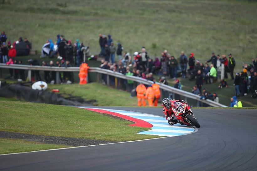 Scott Redding in action for PBM Ducati at Knockhill during the 2019 BSB season.