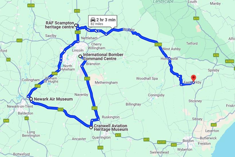 Google maps route for International Bomber Command Centre, Lincoln