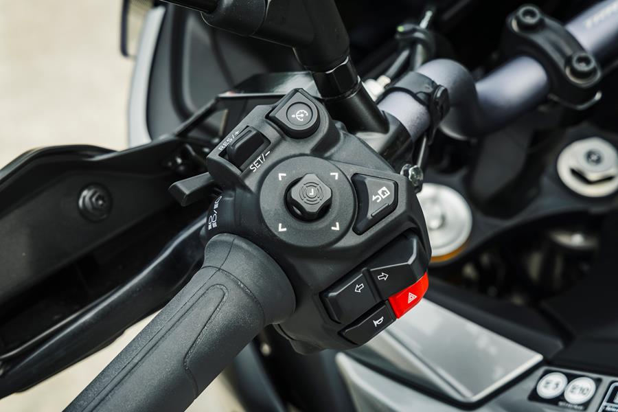 2025-on Yamaha Tracer 7 GT detailed shot of the left hand switch gear