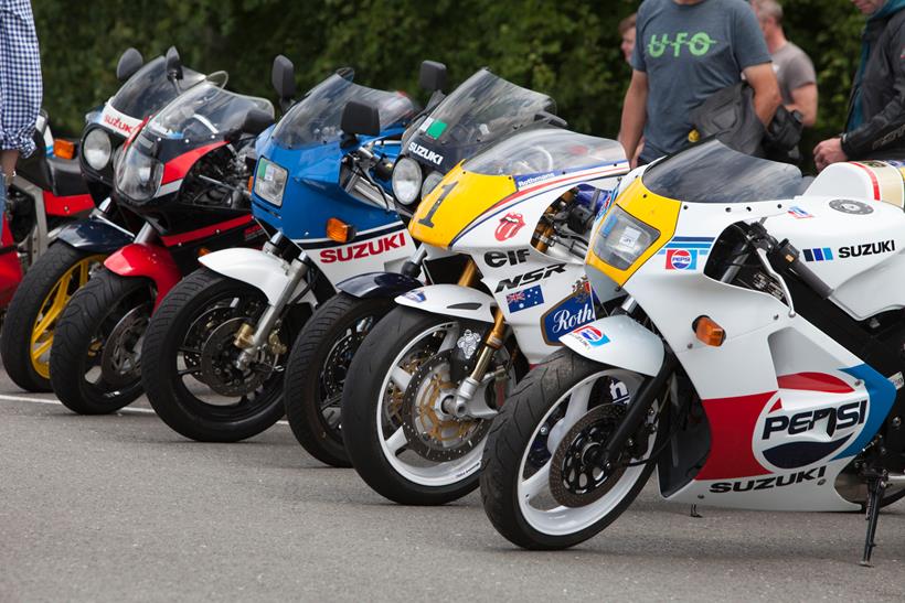 Two-stroke Suzukis on display at Cadwell Park