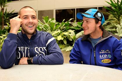 Scott Nicholls, seen here with fellow Brit Chris Harris, is looking for his first Speedway victory at his home GP in Cardiff on Saturday night