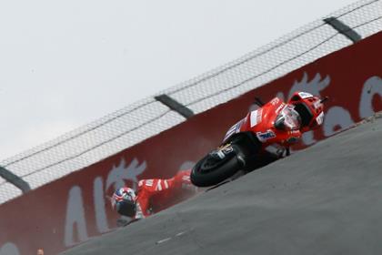 Casey Stoner finished free practice fastest despite destroying his Ducati GP8