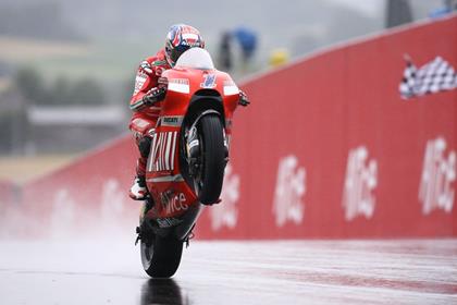 Casey Stoner was the victor at a wet Sachsenring MotoGP race