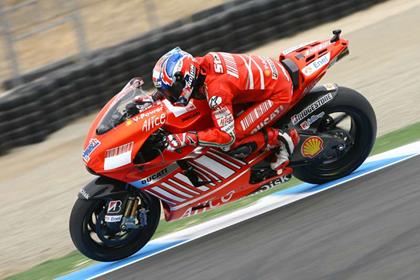 Casey Stoner toped the first practice and lead the second practice from flag to flag