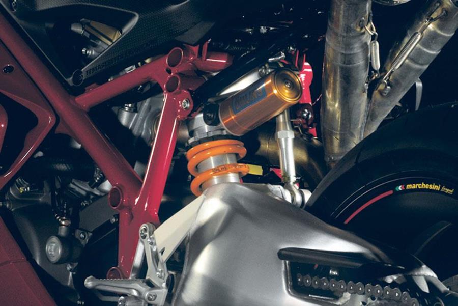 The rear shock on a Ducati 1098