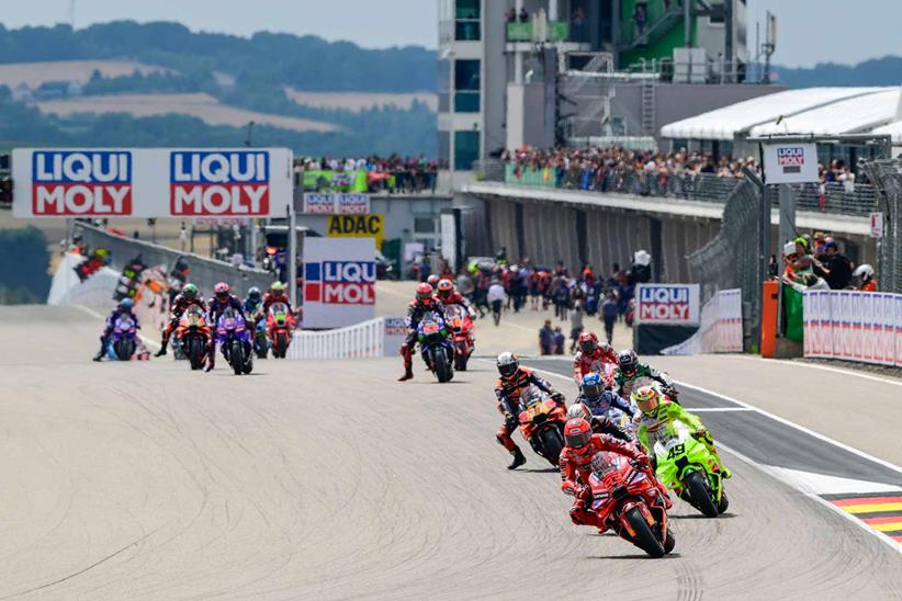 Marc Marquez leads at the Sachsenring during the 2025 German Grand Prix.