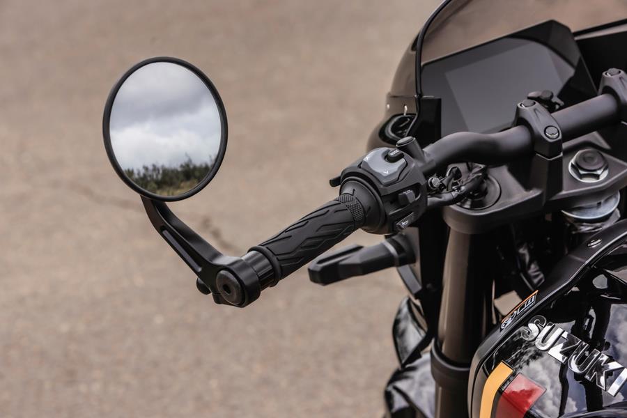 2025 Suzuki GSX-8TT, close up of bar end mirror 
