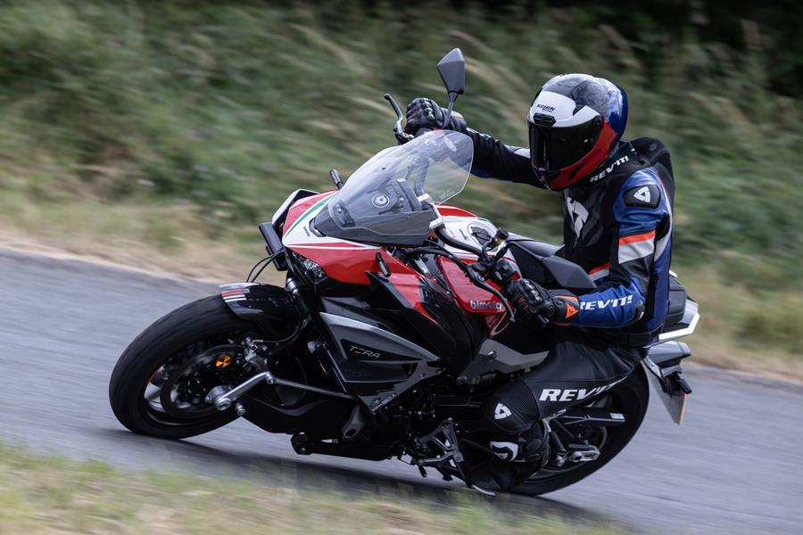 2025 Bimota Tesi H2 Tera, leaning left navigating a turn